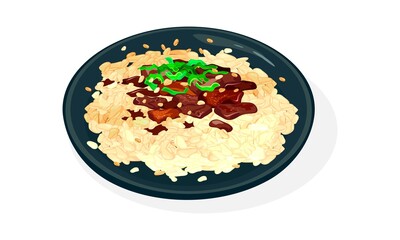 Plate of Bulgogi or fire meat. Grilled or fried pre-marinated thin slices of beef or pork garnished with scallions, boiled rice. Korean, asian cuisine. Vector illustration isolated on white for menu.