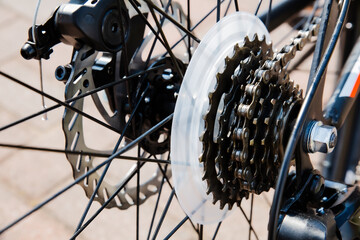 Close up view of bicycle detail. Rear wheel cassette from a bike