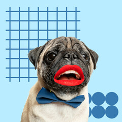 Kisses. Modern design. Contemporary art collage with cute dog and trendy colored background with...
