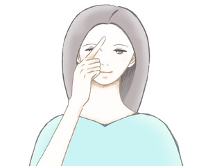 額を指さす若い女性のイラスト