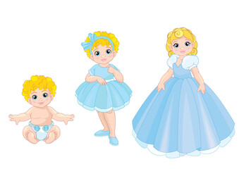 Set of characters. Visualization of stages of human body growth, development and aging - baby, child, teenager
