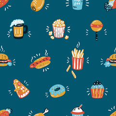 Vector Fast Food Icons Seamless Pattern. Doodle Unhealthy Street Food Repeat Colorful Background