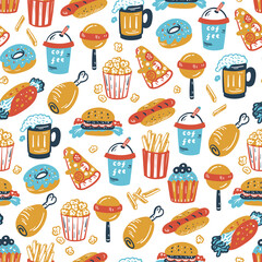 Vector Fast Food Icons Seamless Pattern. Doodle Unhealthy Street Food