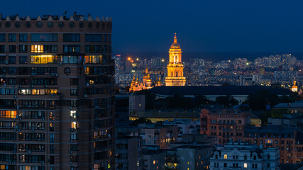 Fototapeta na wymiar Kiev, Pechersk. View of the Kiev Pechersk Lavra and the left bank of Kiev. Aerial shot