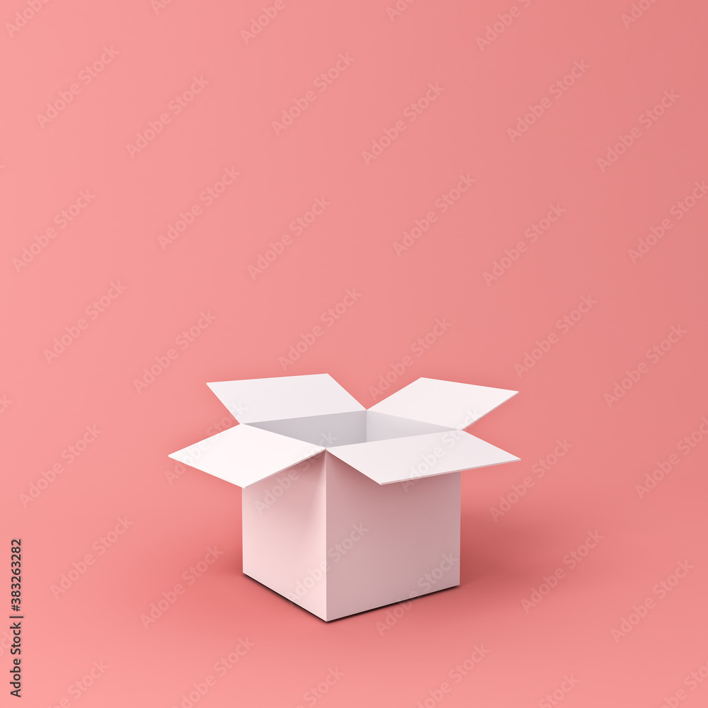 Poster White open cardboard box isolated on light red pink pastel color background with shadow 3D rendering