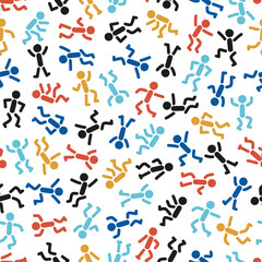 Stick Man Icons Seamless Pattern. Colorful Background from People Stick Figures in Different Poses. Stickman Repeating Texture. Various Human Signs Vector illustration