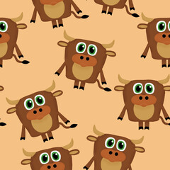 seamless pattern with cute bulls on an orange background