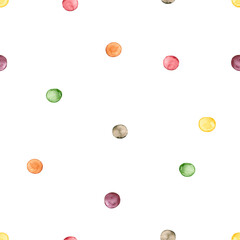 Seamless pattern with watercolor circles. Hand drawn illustration is isolated on white. Colorful ornament is perfect for kindergarten design, nursery wallpaper, fabric textile, baby linens