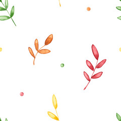 Seamless pattern with watercolor autumn colorful leaves. Hand drawn illustration is isolated on white. Floral ornament with branches is perfect for vintage design, nursery wallpaper, fabric textile