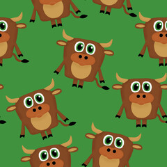 seamless pattern with cute bulls on a green background