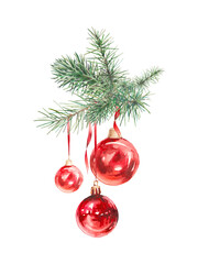 Watercolor Christmas tree with balls decor. Hand painted holiday card with red glass toys on fir branches isolated on white background. - 383263888