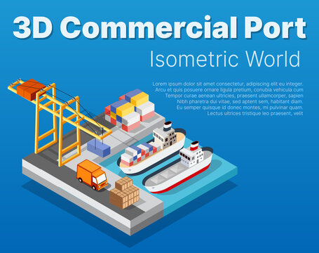 Isometric City industrial dock port with container cargo industry