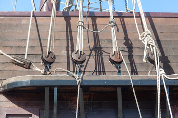 17th Century Spanish Galleon Detail and hull.Wooden deadeyes