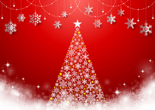 キラキラ☆クリスマスツリーと雪の結晶オーナメントのシンプルな風景 赤