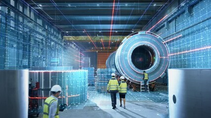 Futuristic Technology Concept: Team of Engineers and Professionals Workers in Heavy Industry Manufacturing Factory that is Digitalized with Graphics into Digital Twin of Industry 4.0 High Tech - Powered by Adobe