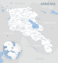 Obraz premium Blue-gray detailed map of Armenia administrative divisions and location on the globe. Vector illustration