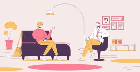 Interior scene with young woman at psychotherapy. People at psychotherapist consultation concept drawn in pink and yellow. Comfortable sofa, books and greenery. Smiling characters during doctor visit