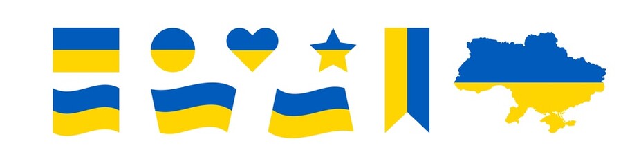 Ukraine flag and map isolated vector illustration signs set. Patriotic ribbon for national banner