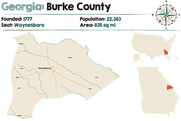 Large and detailed map of Burke county in Georgia, USA.

