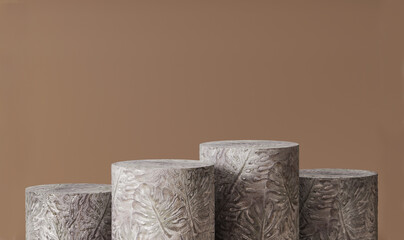 3D background, Stone podium display set. Concrete, natural rock monstera leaf pedestal on beige brown backdrop. Minimal scene for beauty cosmetic or product presentation. Abstract mockup 3d render