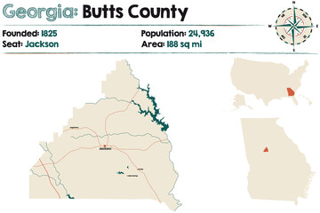 Large and detailed map of Butts county in Georgia, USA.
