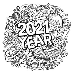 2021 hand drawn doodles illustration. New Year objects and elements poster