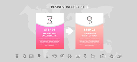 Infographics rectangle with 2 steps, arrows. Vector template used for diagram, business, web, banner, workflow layout, presentations, flowchart