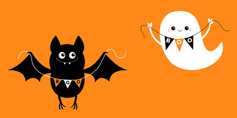 Flying bat ghost holding bunting flag Boo. Happy Halloween. Scary black animal spirit set. Cute cartoon kawaii spooky character. Orange background Greeting card. Flat design.