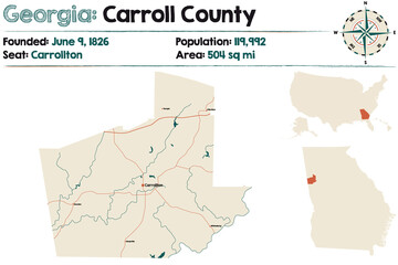 Obraz premium Large and detailed map of Carroll county in Georgia, USA. 