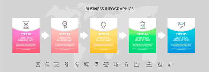 Infographics rectangle with 5 steps, arrows. Vector template used for diagram, flowchart, info graph, timeline, content, levels, chart, processes diagram