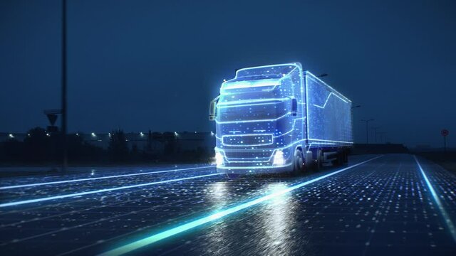 Futuristic Technology Concept: Autonomous Semi Truck with Cargo Trailer Drives at Night on the Road with Sensors Scanning Surrounding. Special Effects of Self Driving Truck Digitalizing Freeway