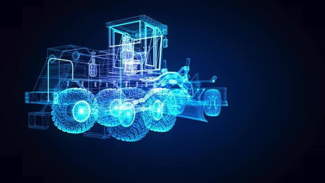 Grader formation from abstract polygonal line. Model tractor in motion, lines and points connected to form. Digital technology visualization of 3d.