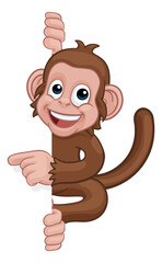 A monkey cartoon character animal behind a sign peeking around and pointing at it