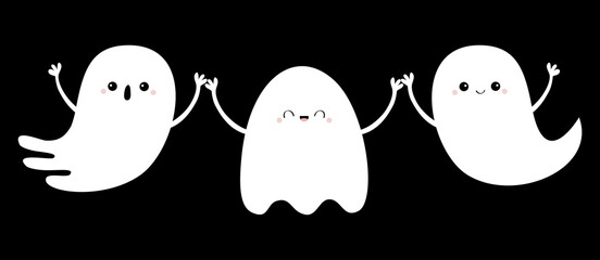 Spirit holding hands. Three ghost set line. Happy Halloween. Scary flying white ghosts. Boo. Cute cartoon kawaii spooky baby character. Smiling face. Black background. Flat design.