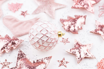 New Year celebration and Christmas background, Christmas decorations top view.