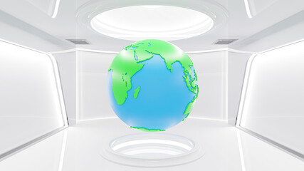 Scientific laboratory. Globes in a white room. Technology background and Environment concept. 3D Render.