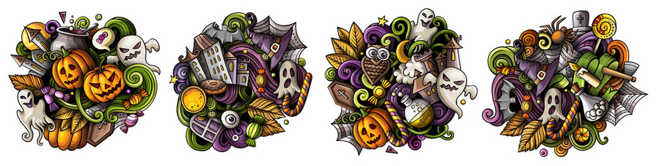 Halloween cartoon vector doodle designs set.