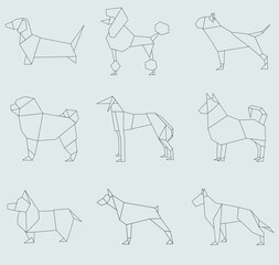 Set of black and white linear dog breeds icons. Origami style. Can be used as coloring pages, icons, paper crafts.