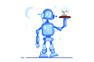 Robot stands holding plant hidden under glass dome isolated on white background, flat vector illustration
