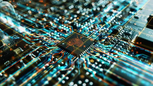 Futuristic Technology Concept Visualization: Circuit Board CPU Processor Microchip Starting AI Digitalization of Neural Networking. Digital Lines Connect into Artificial Intelligence Symbol