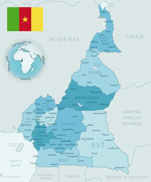 Blue-green detailed map of Cameroon administrative divisions with country flag and location on the globe. Vector illustration