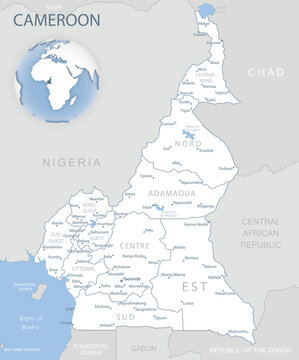 Blue-gray detailed map of Cameroon administrative divisions and location on the globe. Vector illustration