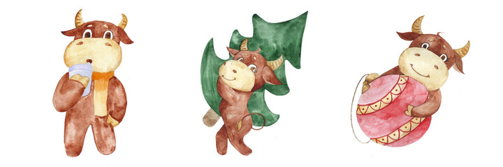 Bulls characters for the calendar. October, November, December. He drinks hot coffee, carries a Christmas tree, takes out decorations. watercolor