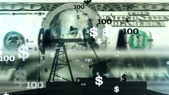 Oil pump silhouette working over counted 100 dollar banknotes. Abstract business metaphor of petrodollar, petrol industry, money, energy and fossil fuels. Seamless loopable concept. Loop animation. 