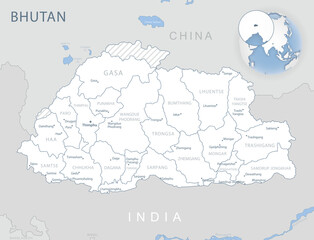 Blue-gray detailed map of Bhutan administrative divisions and location on the globe. Vector illustration