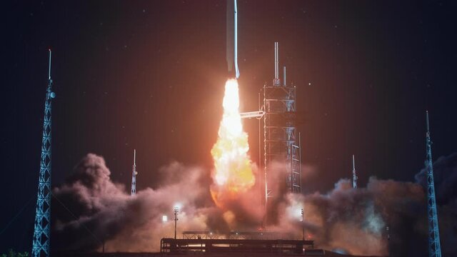 Launch Pad Complex at Night: Successful Rocket Launching with Crew on a Space Exploration Mission. Flying Spaceship Blasts Flames and Smoke on a Take-off. Humanity in Space, Conquering Universe