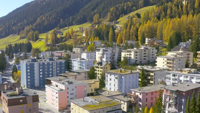 Aerial view of Swiss house landscape in Davos Town, top view, scenic autumn