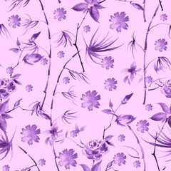 Vintage watercolor Seamless pattern - flowers, roses branch with buds,stem, bamboo, palm, leaves. blue flower cornflower. cloves watercolor background with floral pattern.  flower, rose, peony
