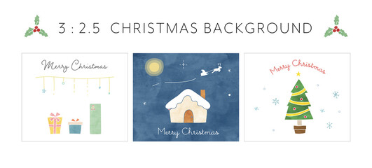 クリスマスのバナー背景のイラストのセット／水彩／プレゼント／おしゃれ／クリスマスツリー／そり／雪