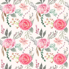 soft pink rose floral watercolor seamless pattern